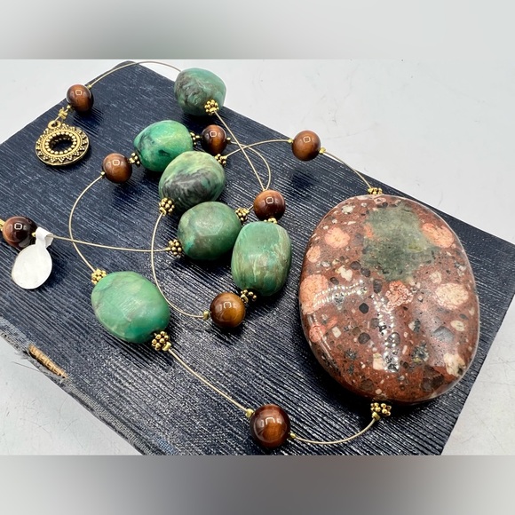 Artisan gemstone necklace chunky heavy brown & green stone beads 25” - Picture 2 of 11